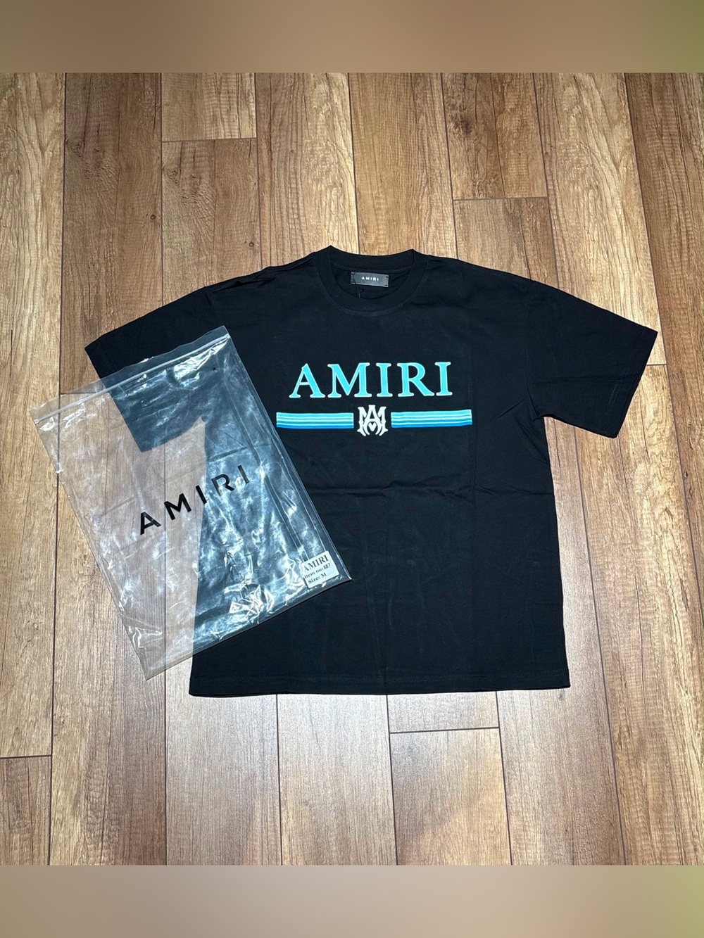 Amiri Mens Black Tee Shirt with Blue Logo Shorts Sleeves Brand New Size M